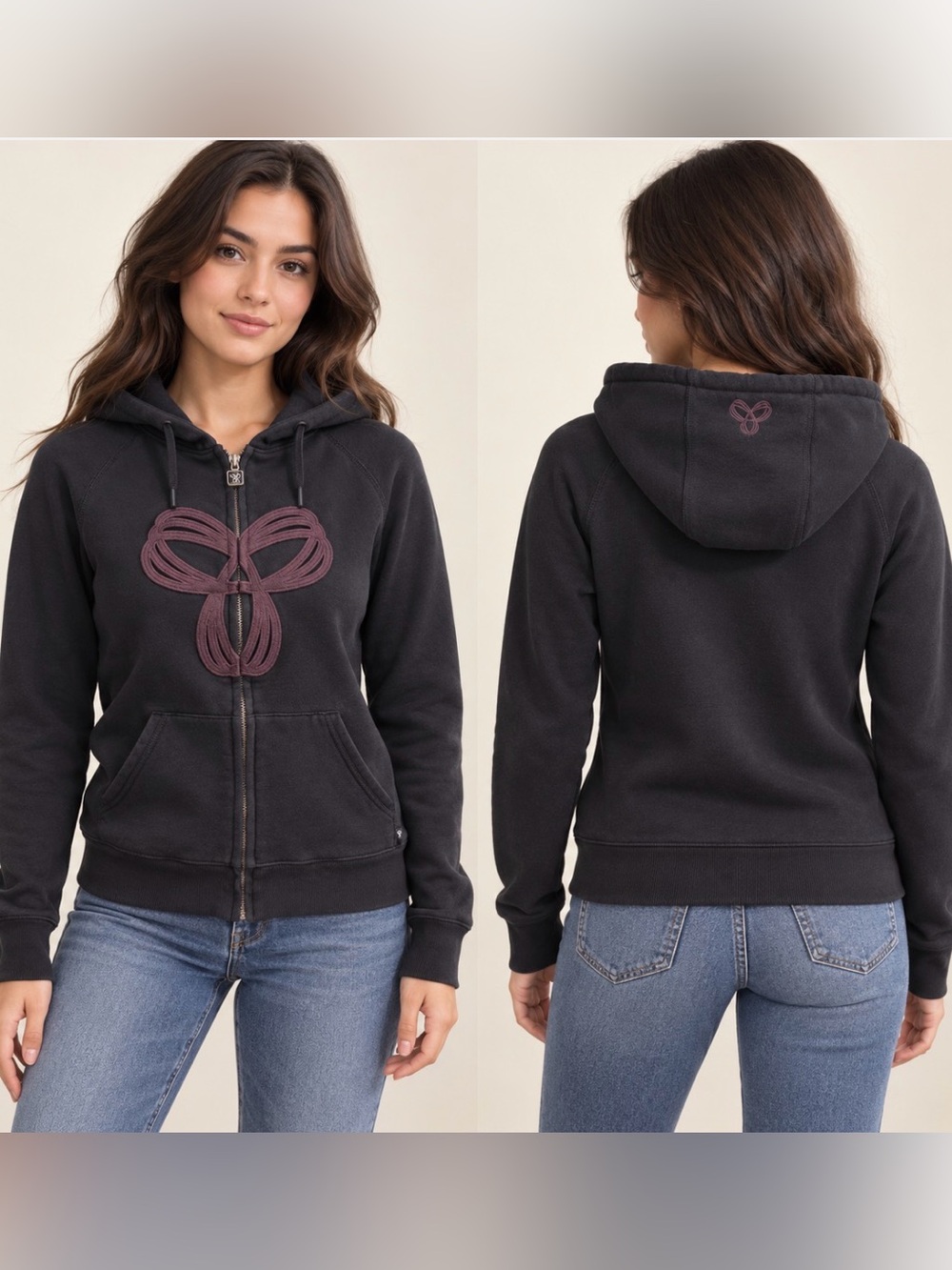 TNA Black Zip-Up Bomber Hoodie with Plum Appliqué